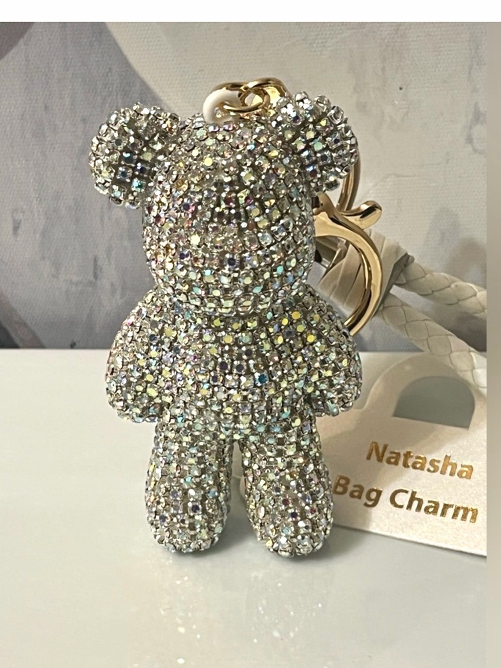 Natasha Couture Crystal Bear Bag Charm - Silver Iridescent Keychain New